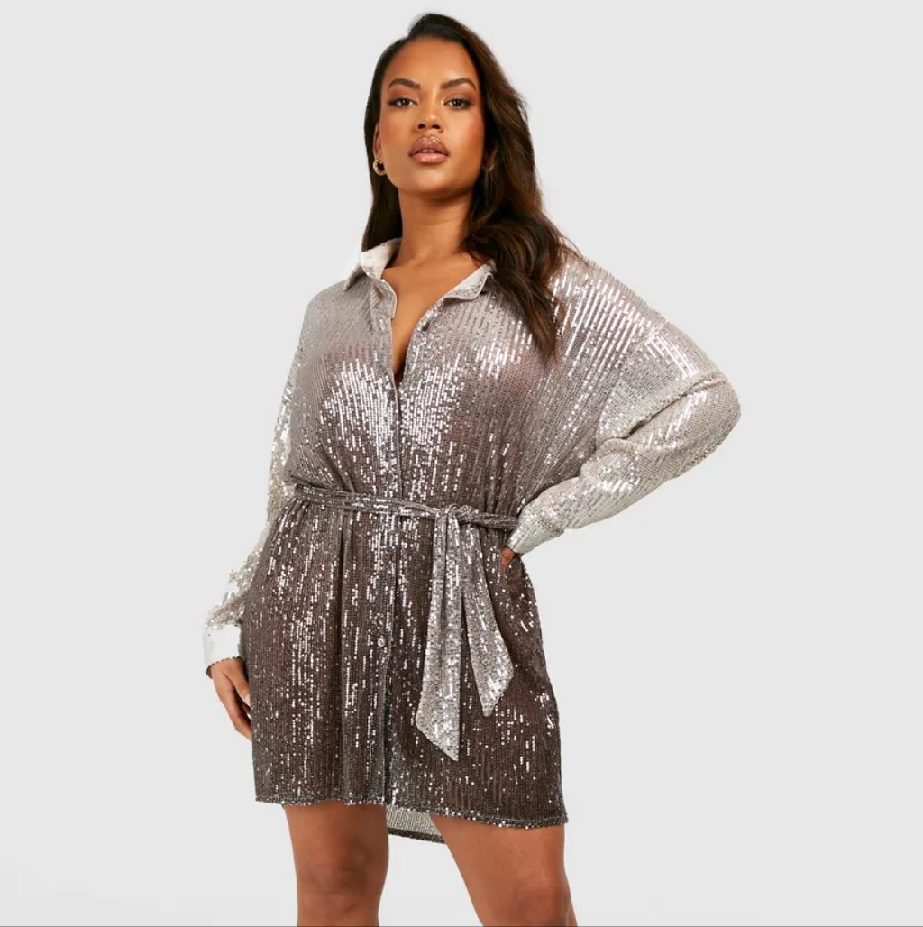Brand New Size 22 Boohoo Silver Sequin Ombre Mini Shirt Oversized Dress And Belt
